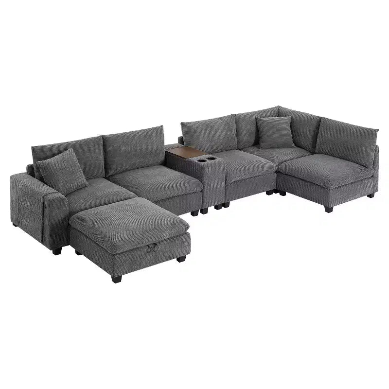 Canapé d'angle moderne 4 places en chenille Whisen avec pouf, ensemble de canapés modulaires en forme de L avec coussins décoratifs