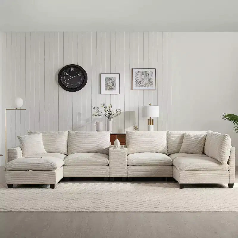 Canapé d'angle moderne 4 places en chenille Whisen avec pouf, ensemble de canapés modulaires en forme de L avec coussins décoratifs