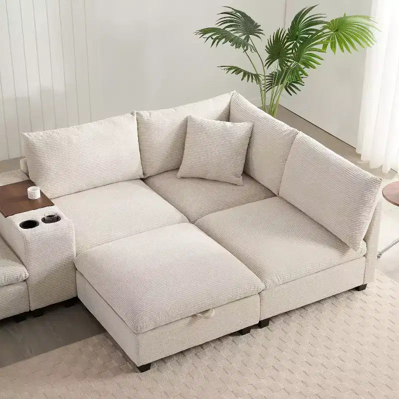Canapé d'angle moderne 4 places en chenille Whisen avec pouf, ensemble de canapés modulaires en forme de L avec coussins décoratifs