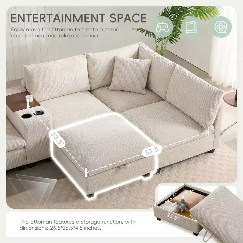 Canapé d'angle moderne 4 places en chenille Whisen avec pouf, ensemble de canapés modulaires en forme de L avec coussins décoratifs