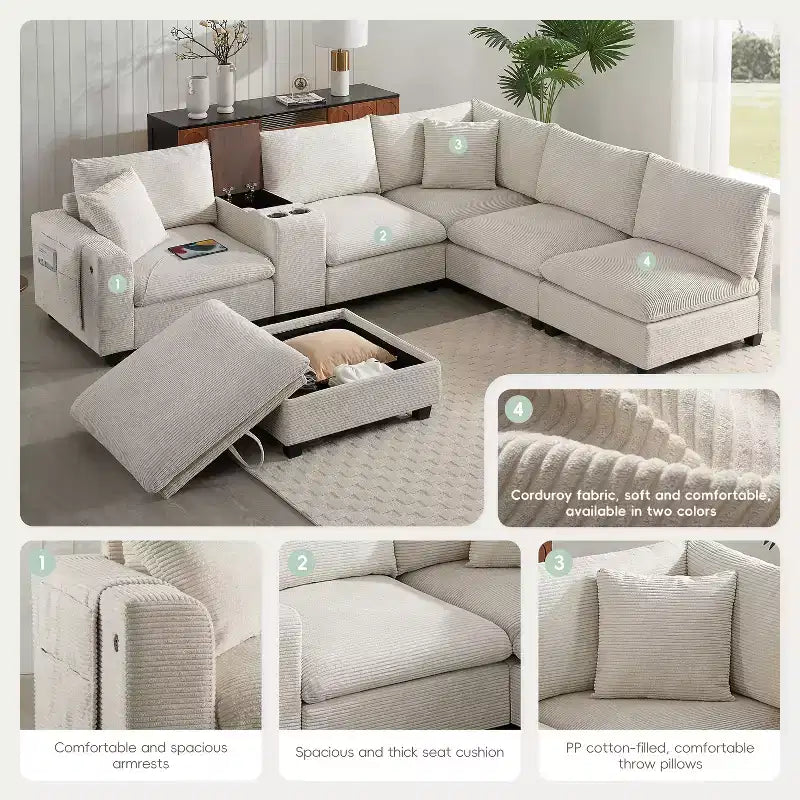 Canapé d'angle moderne 4 places en chenille Whisen avec pouf, ensemble de canapés modulaires en forme de L avec coussins décoratifs