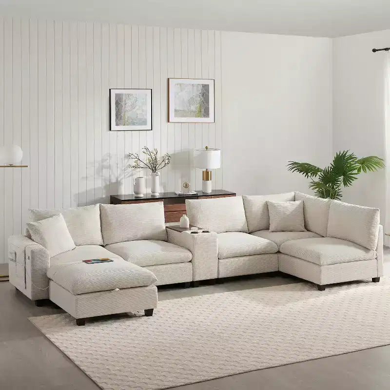 Canapé d'angle moderne 4 places en chenille Whisen avec pouf, ensemble de canapés modulaires en forme de L avec coussins décoratifs