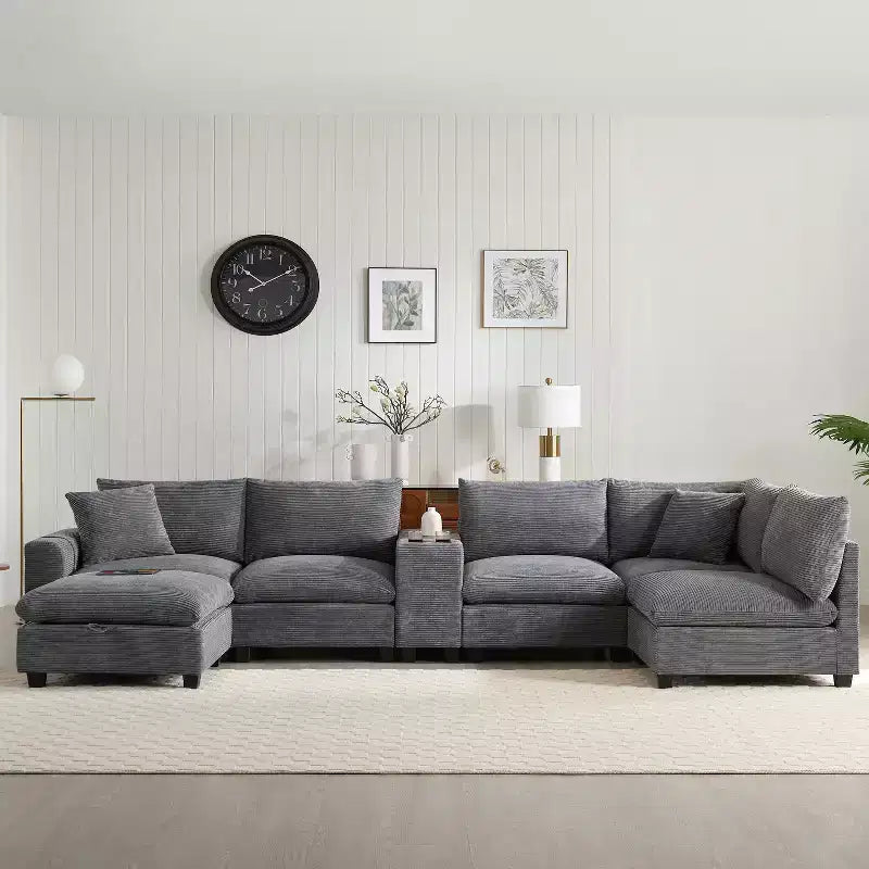 Whisen Modern Chenille 4-seat Sectional Sofa with Ottoman, L-Shaped Cloud Couch Set with Throw Pillows