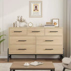 Commode 7 tiroirs pour chambre, commode large de 132 cm, tiroirs larges avec rangement autoportant, commode de rangement en bois pour salon, chambre à coucher