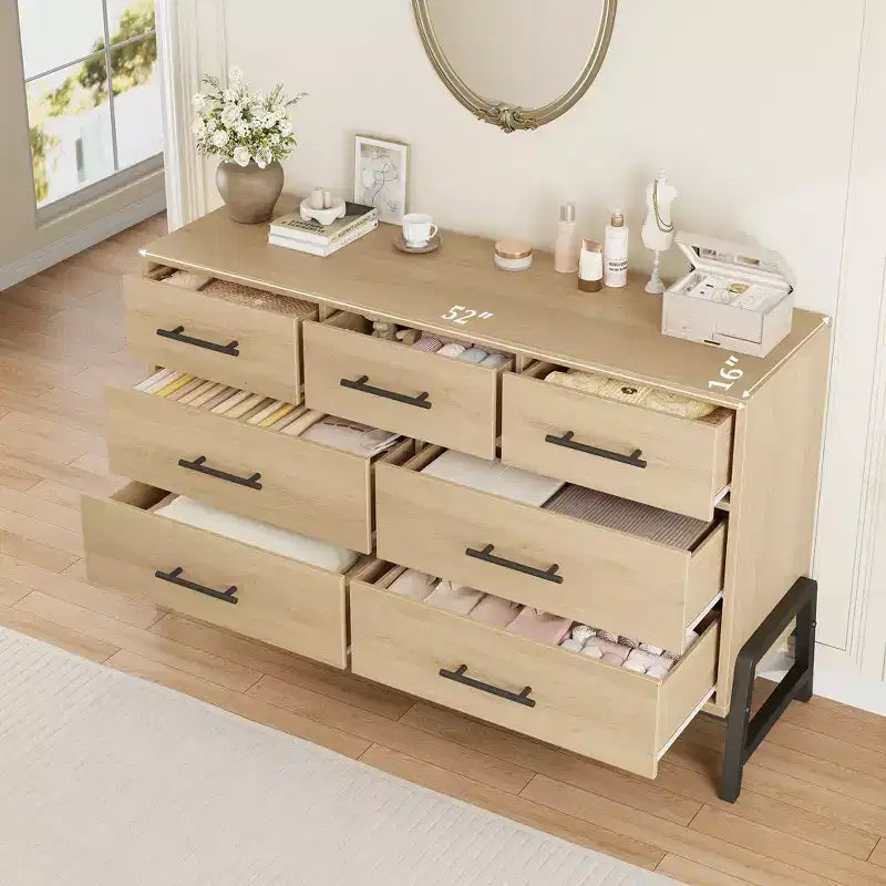 Commode 7 tiroirs pour chambre, commode large de 132 cm, tiroirs larges avec rangement autoportant, commode de rangement en bois pour salon, chambre à coucher