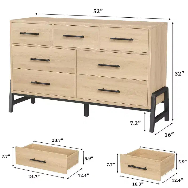 Commode 7 tiroirs pour chambre, commode large de 132 cm, tiroirs larges avec rangement autoportant, commode de rangement en bois pour salon, chambre à coucher