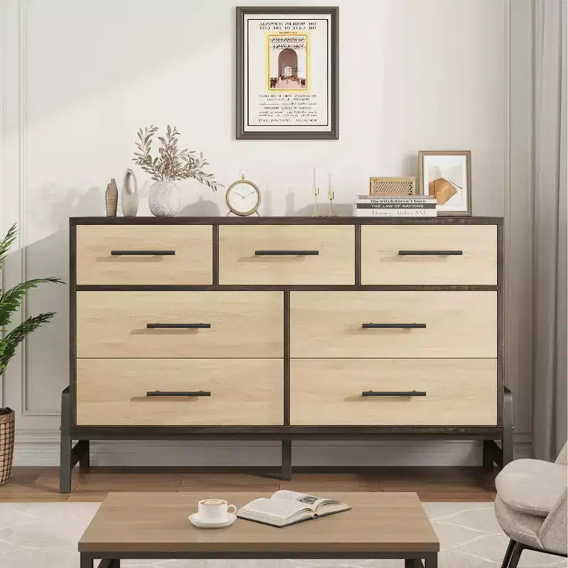 Commode 7 tiroirs pour chambre, commode large de 132 cm, tiroirs larges avec rangement autoportant, commode de rangement en bois pour salon, chambre à coucher