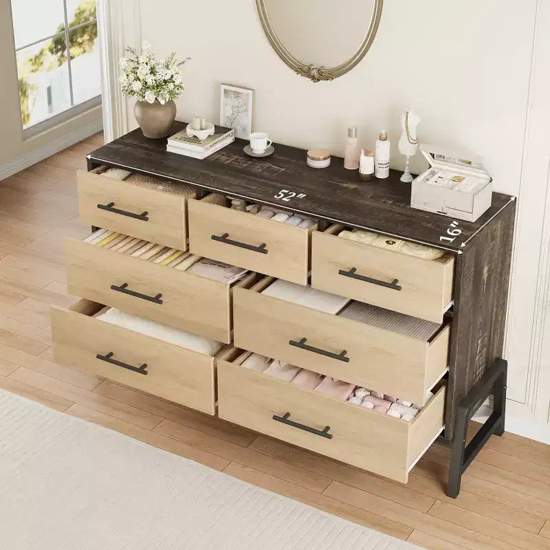 Commode 7 tiroirs pour chambre, commode large de 132 cm, tiroirs larges avec rangement autoportant, commode de rangement en bois pour salon, chambre à coucher