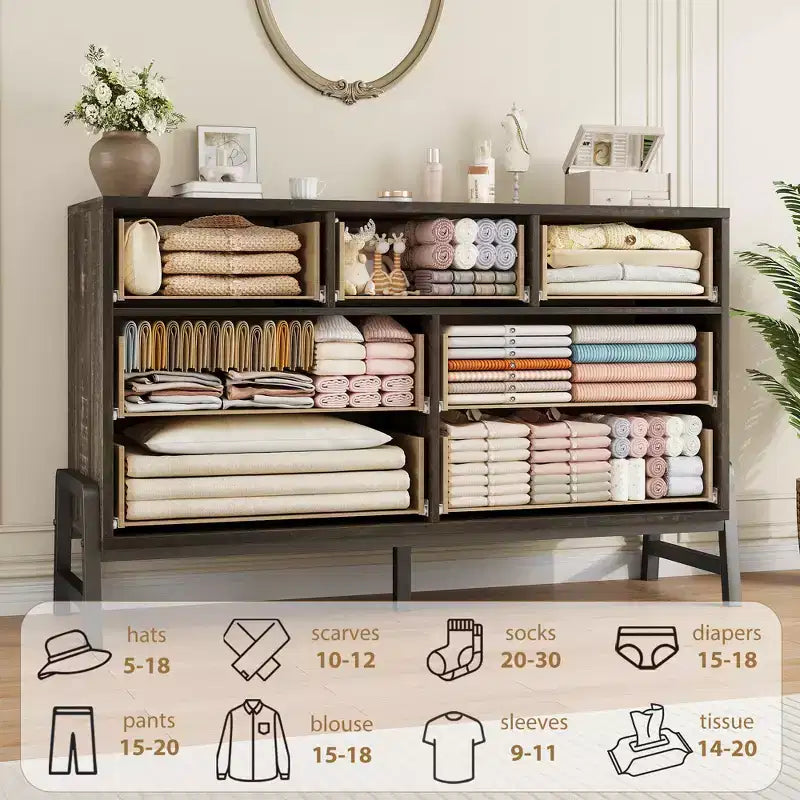 Commode 7 tiroirs pour chambre, commode large de 132 cm, tiroirs larges avec rangement autoportant, commode de rangement en bois pour salon, chambre à coucher