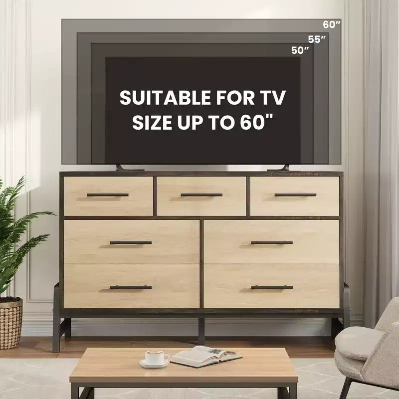 Commode 7 tiroirs pour chambre, commode large de 132 cm, tiroirs larges avec rangement autoportant, commode de rangement en bois pour salon, chambre à coucher