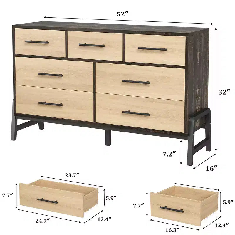 Commode 7 tiroirs pour chambre, commode large de 132 cm, tiroirs larges avec rangement autoportant, commode de rangement en bois pour salon, chambre à coucher