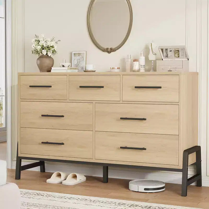 Commode 7 tiroirs pour chambre, commode large de 132 cm, tiroirs larges avec rangement autoportant, commode de rangement en bois pour salon, chambre à coucher