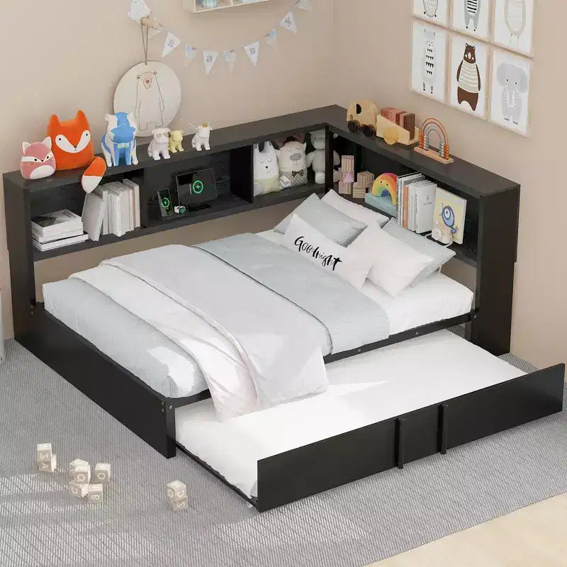 Whisen Metal Full Size Daybed with Trundle, Storage Cabinets and USB Ports