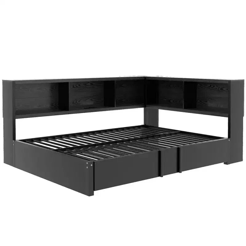 Lit de repos double en métal Whisen avec lit gigogne, armoires de rangement et ports USB
