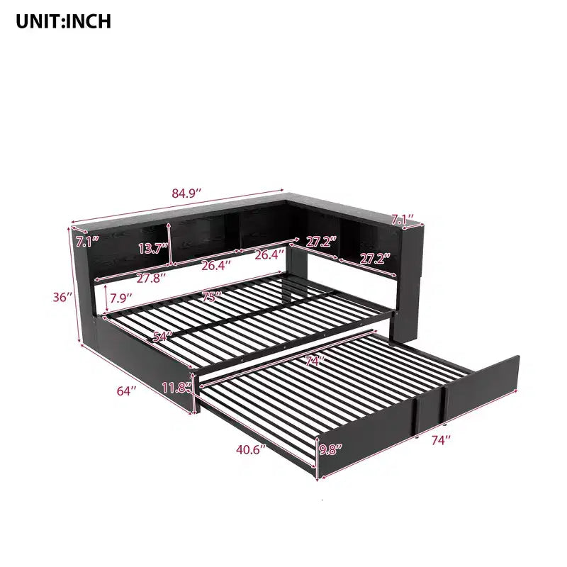 Lit de repos double en métal Whisen avec lit gigogne, armoires de rangement et ports USB