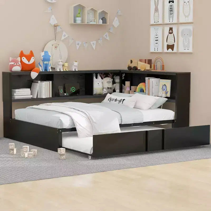 Lit de repos double en métal Whisen avec lit gigogne, armoires de rangement et ports USB