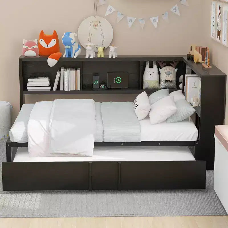 Lit de repos double en métal Whisen avec lit gigogne, armoires de rangement et ports USB