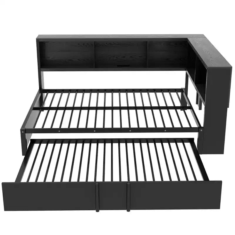 Lit de repos double en métal Whisen avec lit gigogne, armoires de rangement et ports USB