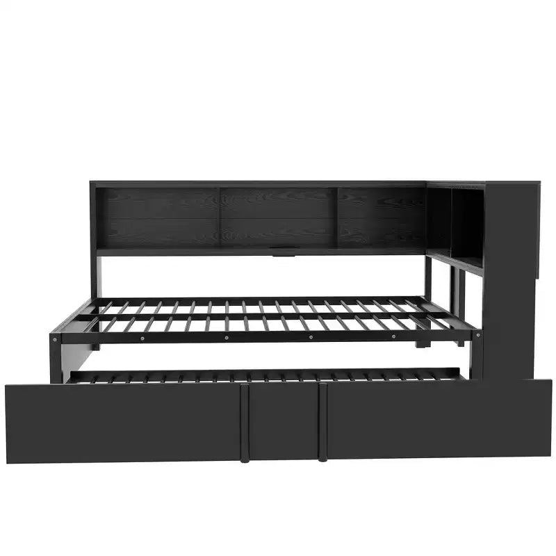 Lit de repos double en métal Whisen avec lit gigogne, armoires de rangement et ports USB