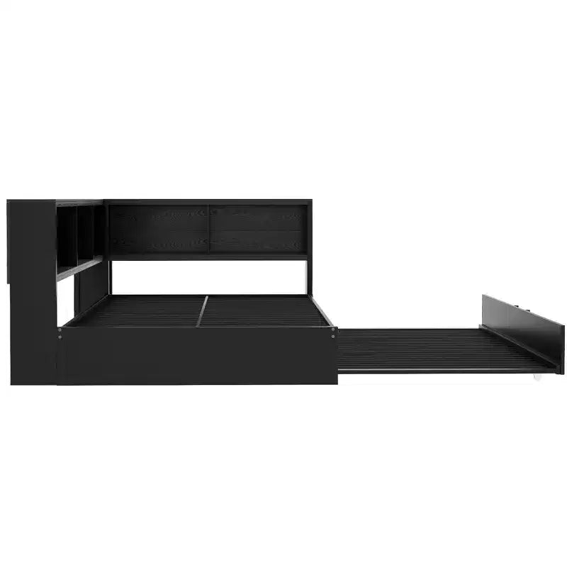 Lit de repos double en métal Whisen avec lit gigogne, armoires de rangement et ports USB