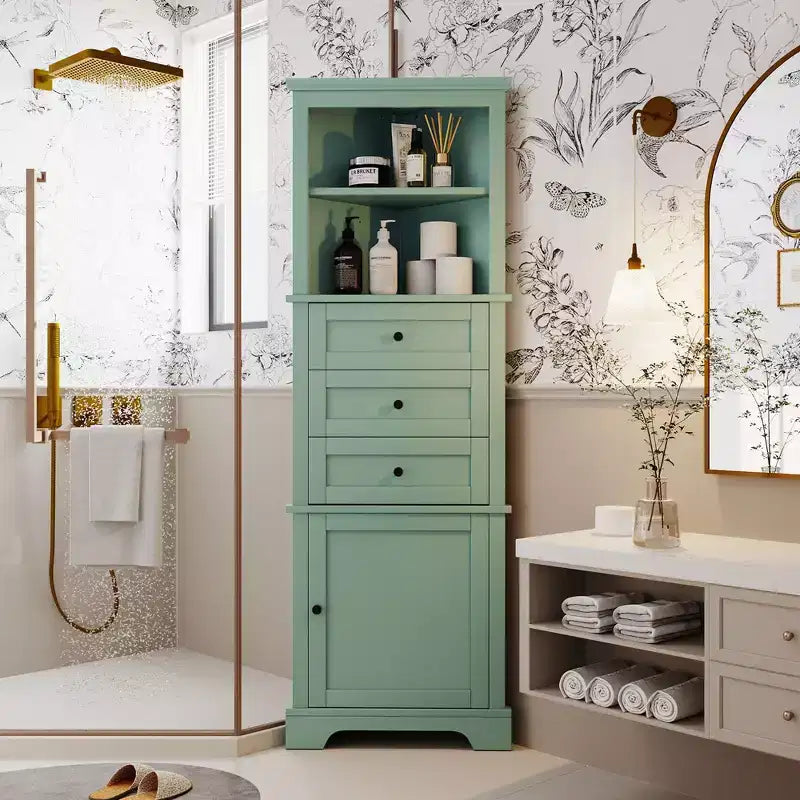 Whisen Armoire de rangement d'angle pour salle de bain, armoire d'angle avec 3 tiroirs et étagères réglables
