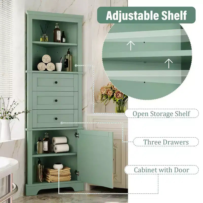 Whisen Armoire de rangement d'angle pour salle de bain, armoire d'angle avec 3 tiroirs et étagères réglables