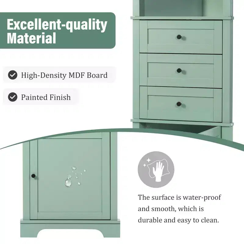 Whisen Armoire de rangement d'angle pour salle de bain, armoire d'angle avec 3 tiroirs et étagères réglables