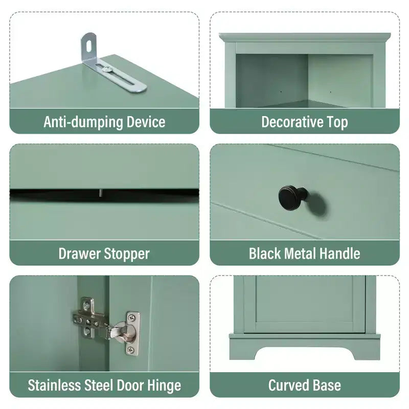 Whisen Armoire de rangement d'angle pour salle de bain, armoire d'angle avec 3 tiroirs et étagères réglables