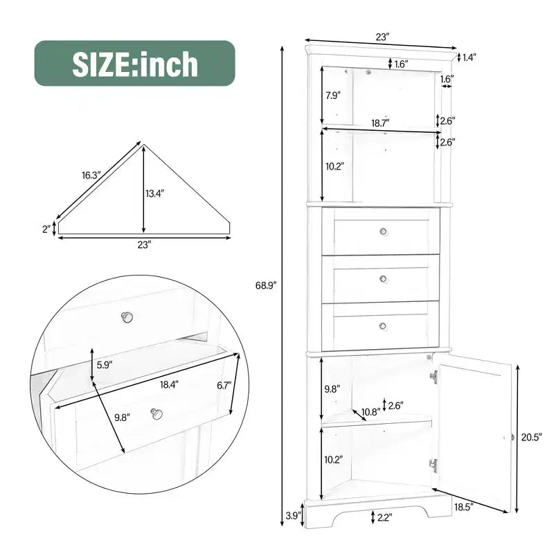 Whisen Armoire de rangement d'angle pour salle de bain, armoire d'angle avec 3 tiroirs et étagères réglables
