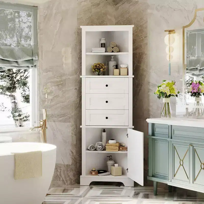 Whisen Armoire de rangement d'angle pour salle de bain, armoire d'angle avec 3 tiroirs et étagères réglables