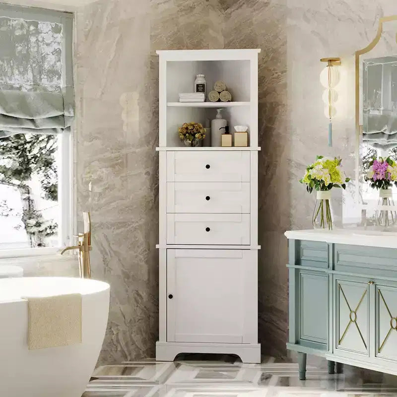 Whisen Armoire de rangement d'angle pour salle de bain, armoire d'angle avec 3 tiroirs et étagères réglables