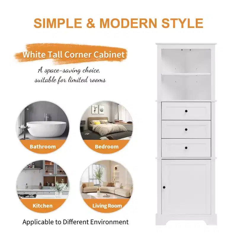 Whisen Armoire de rangement d'angle pour salle de bain, armoire d'angle avec 3 tiroirs et étagères réglables