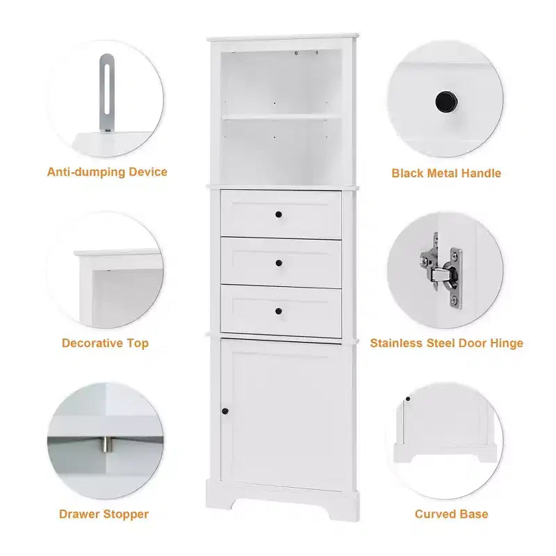 Whisen Armoire de rangement d'angle pour salle de bain, armoire d'angle avec 3 tiroirs et étagères réglables