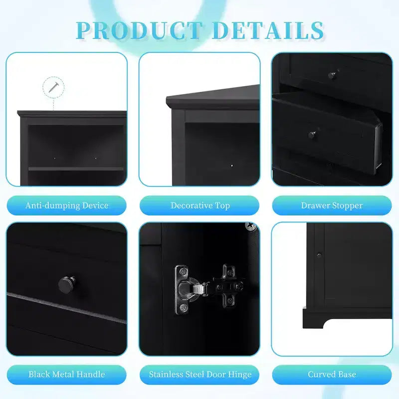 Whisen Armoire de rangement d'angle pour salle de bain, armoire d'angle avec 3 tiroirs et étagères réglables