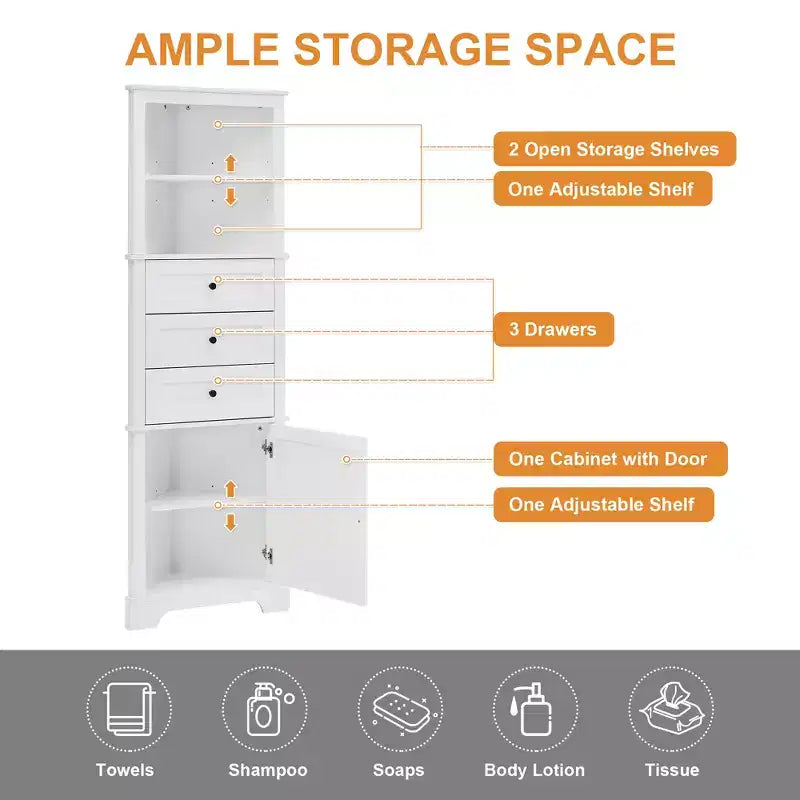 Whisen Armoire de rangement d'angle pour salle de bain, armoire d'angle avec 3 tiroirs et étagères réglables