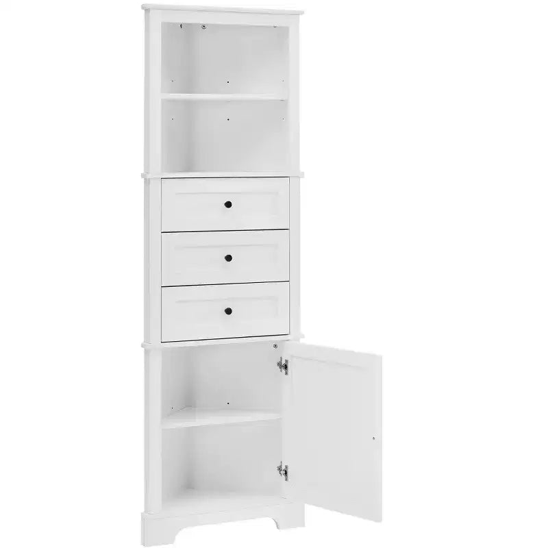 Whisen Armoire de rangement d'angle pour salle de bain, armoire d'angle avec 3 tiroirs et étagères réglables