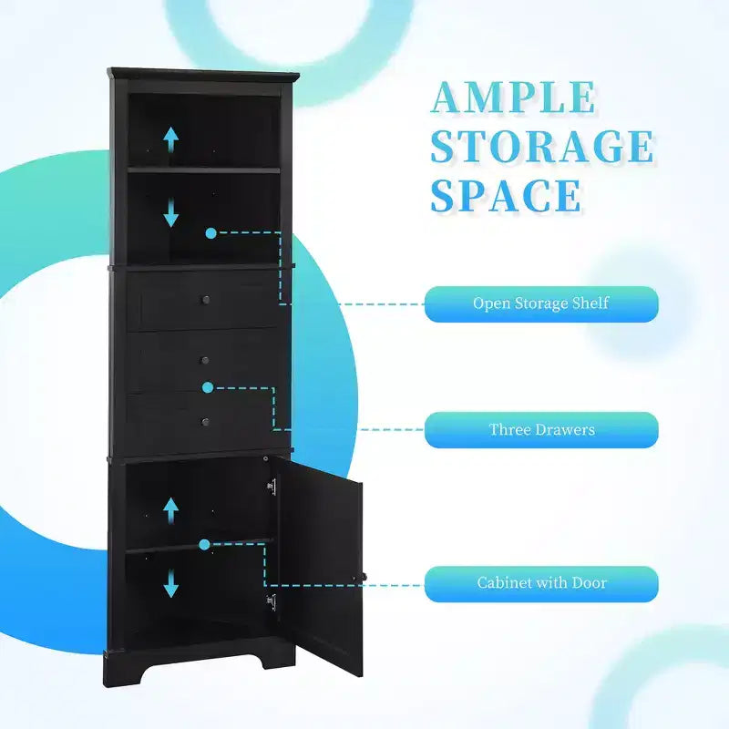 Whisen Armoire de rangement d'angle pour salle de bain, armoire d'angle avec 3 tiroirs et étagères réglables
