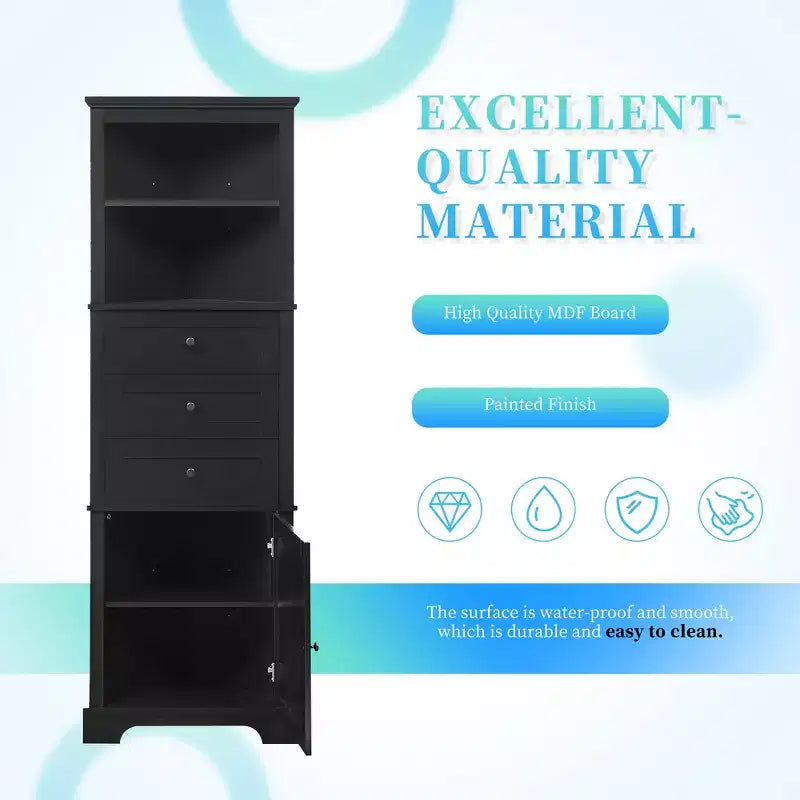 Whisen Armoire de rangement d'angle pour salle de bain, armoire d'angle avec 3 tiroirs et étagères réglables