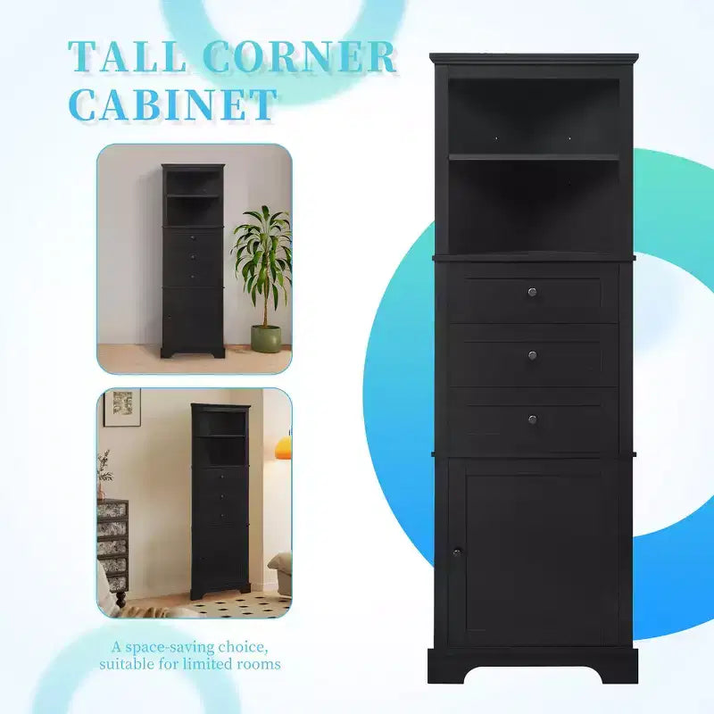 Whisen Armoire de rangement d'angle pour salle de bain, armoire d'angle avec 3 tiroirs et étagères réglables