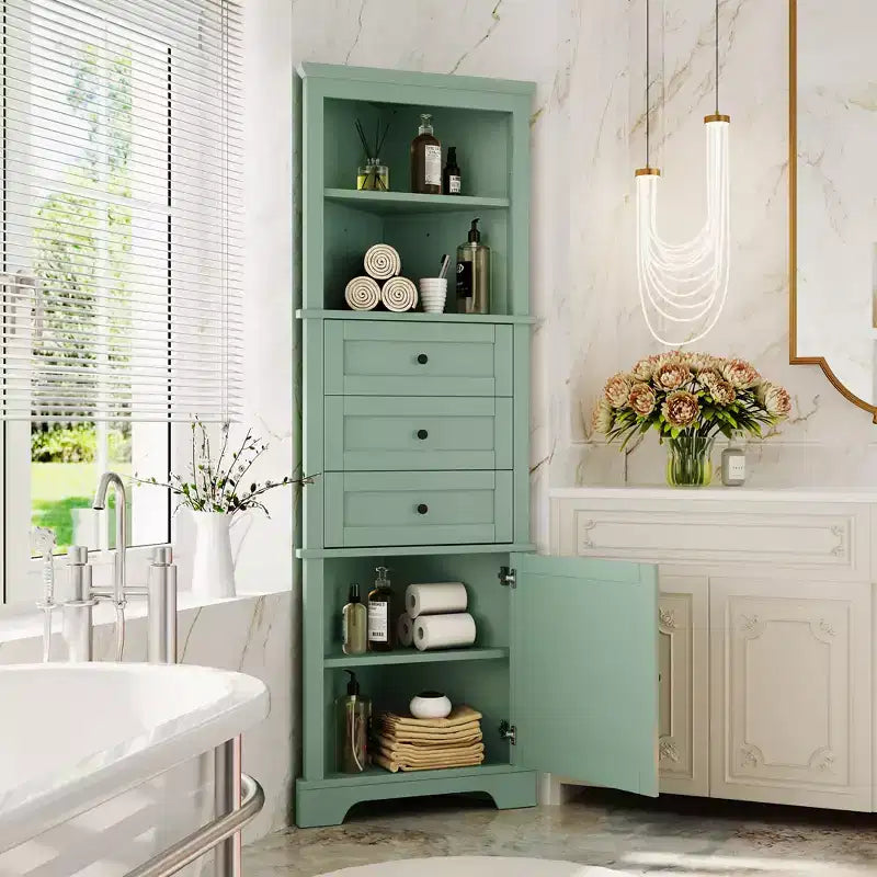 Whisen Armoire de rangement d'angle pour salle de bain, armoire d'angle avec 3 tiroirs et étagères réglables