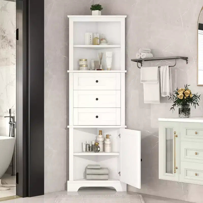 Whisen Armoire de rangement d'angle pour salle de bain, armoire d'angle avec 3 tiroirs et étagères réglables