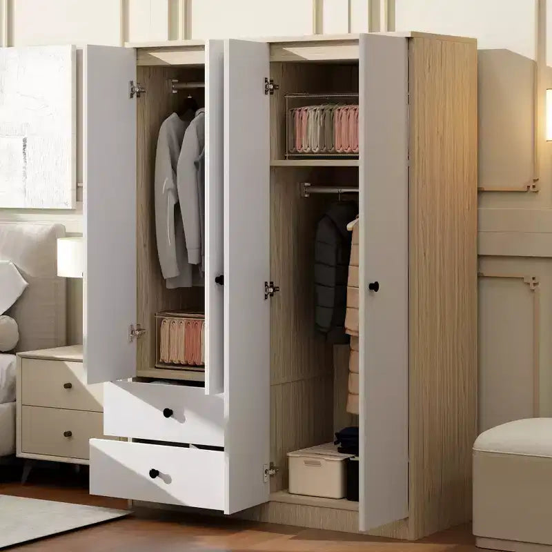 GDFStudio Bowen Modern 4 Doors Bedroom Wardrobe with Hanging Rods and 2 Drawers