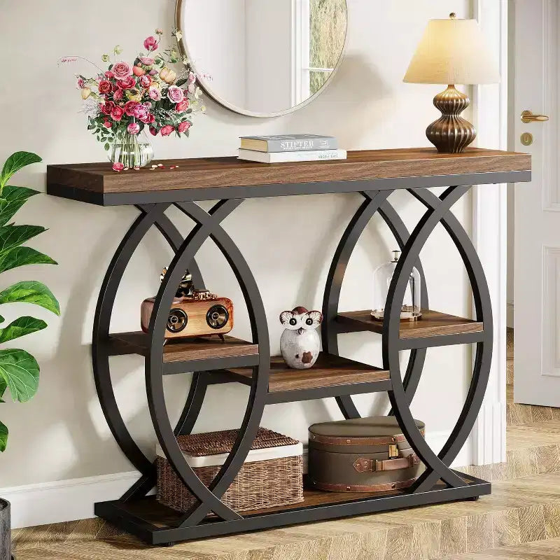 Lantine 39.37 Table Console, Table de Canapé Industrielle à 4 Niveaux, Table d'Entrée Étroite en Bois avec Étagères de Rangement