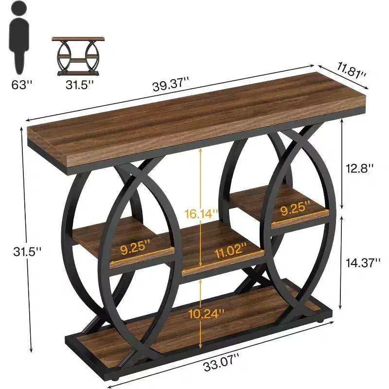 Lantine 39.37 Table Console, Table de Canapé Industrielle à 4 Niveaux, Table d'Entrée Étroite en Bois avec Étagères de Rangement