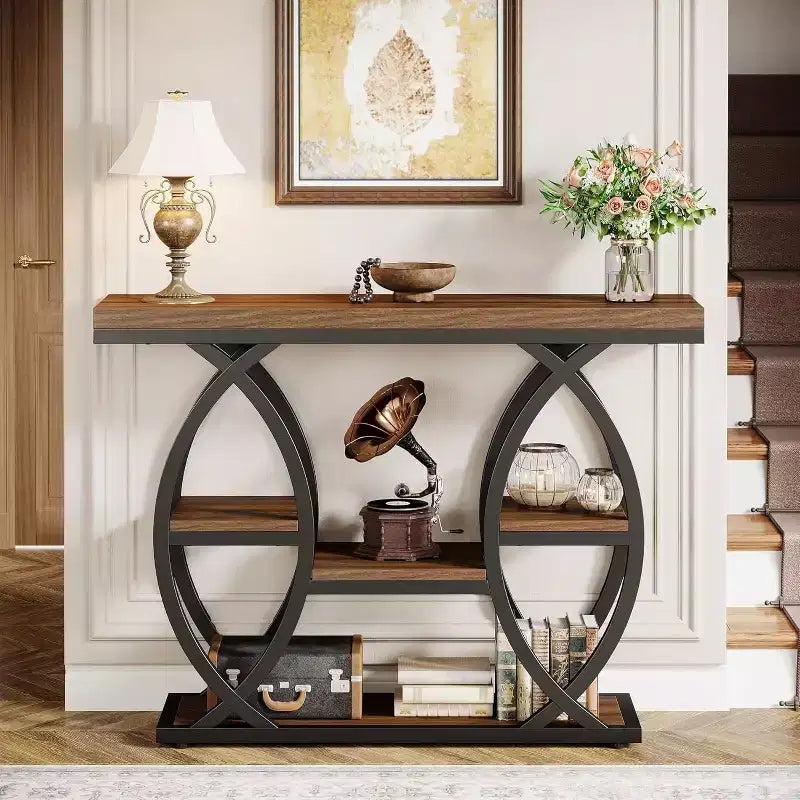 Lantine 39.37 Table Console, Table de Canapé Industrielle à 4 Niveaux, Table d'Entrée Étroite en Bois avec Étagères de Rangement