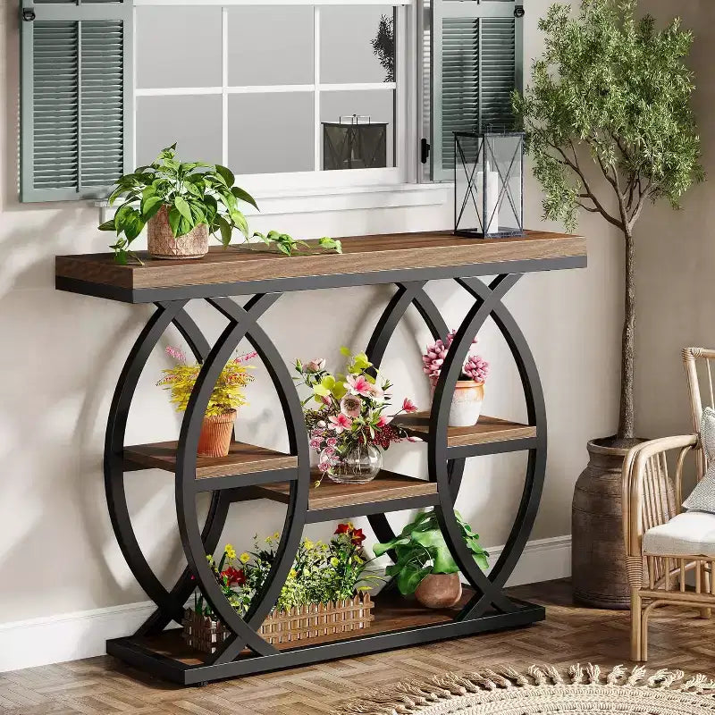 Lantine 39.37 Table Console, Table de Canapé Industrielle à 4 Niveaux, Table d'Entrée Étroite en Bois avec Étagères de Rangement