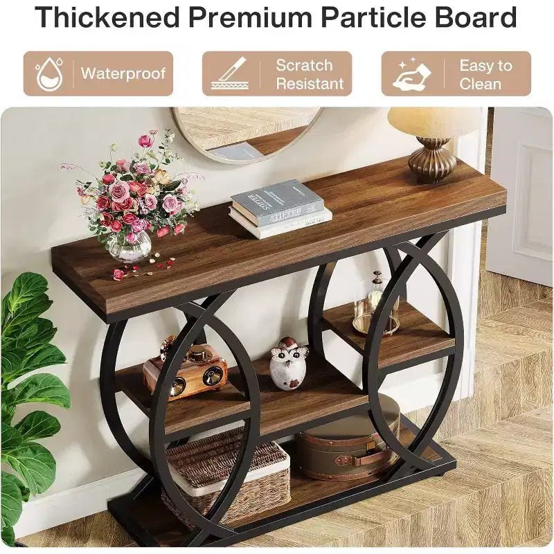 Lantine 39.37 Table Console, Table de Canapé Industrielle à 4 Niveaux, Table d'Entrée Étroite en Bois avec Étagères de Rangement