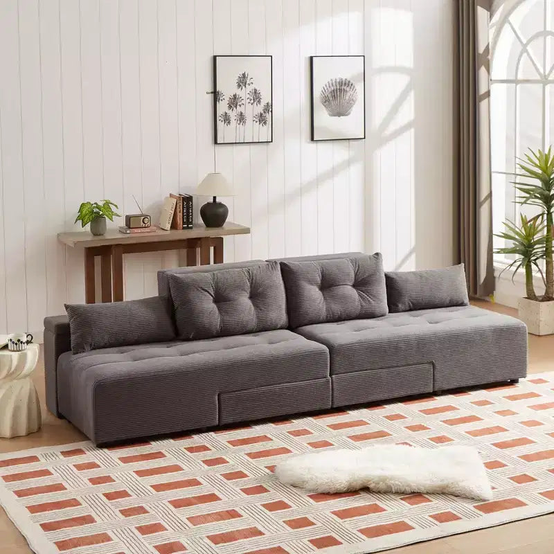 Canapé convertible et modulable 3-en-1 avec 4 compartiments de rangement pour salon - Côtelé avec 4 oreillers