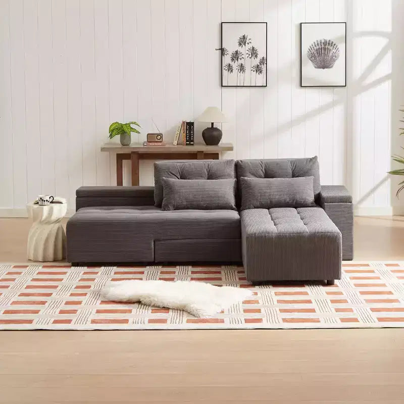 Canapé convertible et modulable 3-en-1 avec 4 compartiments de rangement pour salon - Côtelé avec 4 oreillers