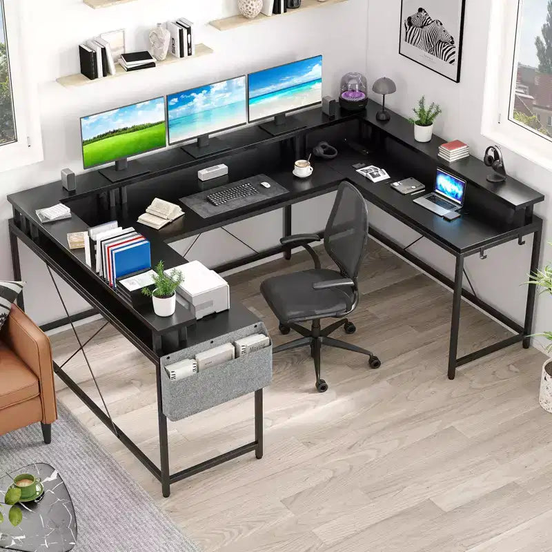 U Shaped Computer Gaming Desk, Reversible L Shaped Desk with Power Outlets, LED Strip & Monitor Stand